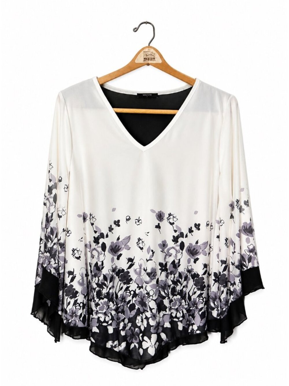 Floral Print V-Neck Blouse With Asymmetrical Hem - Womens Lightweight Top - Dark